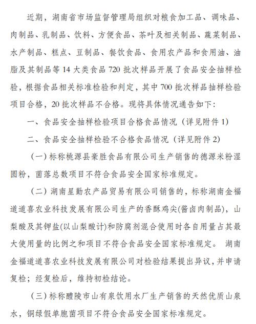 湖南省市场监管局关于720批次食品安全抽样检验情况的通告(2022年第39